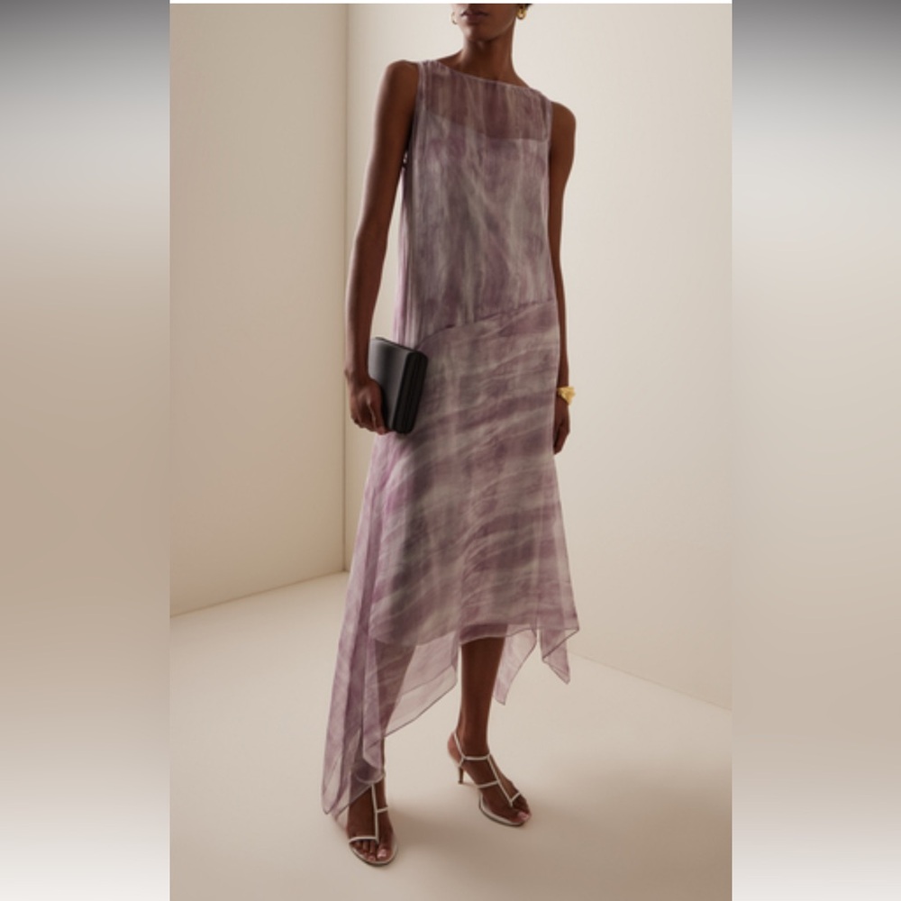 Washed glaze print silk crépon midi dress